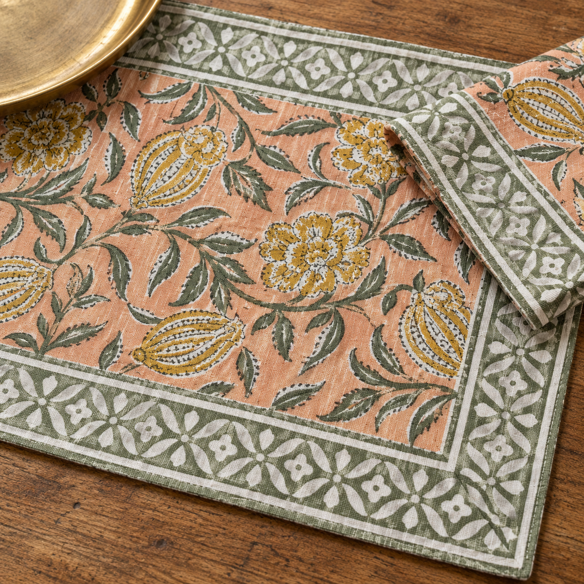Peach Floral Placemat and Napkin Set of 12, close-up of the print and border