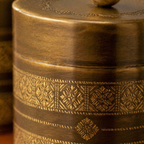 Kanjeevaram Antique Brass Kitchen Jar Duo, The Brass Atelier. Handmade in India by House of Taraasha.