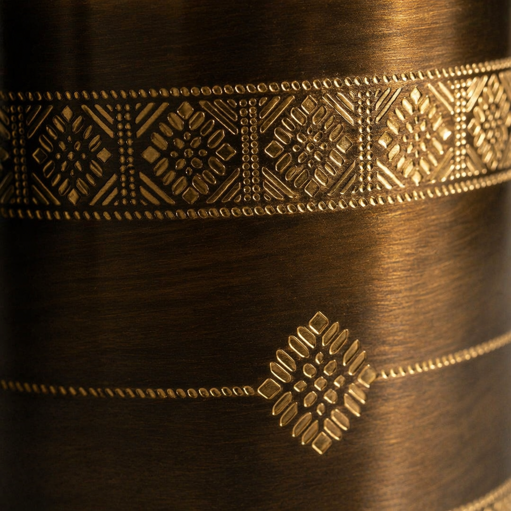 Antique-Finish Kanjeevaram Etched Pure Brass Kitchen Jar, The Brass Atelier. Handmade in India by House of Taraasha.