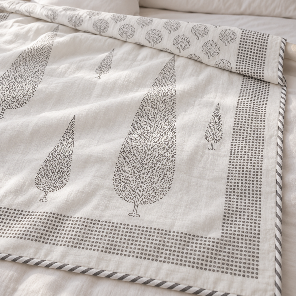 Grey Cypress Dohar, close-up of the print, border and reverse