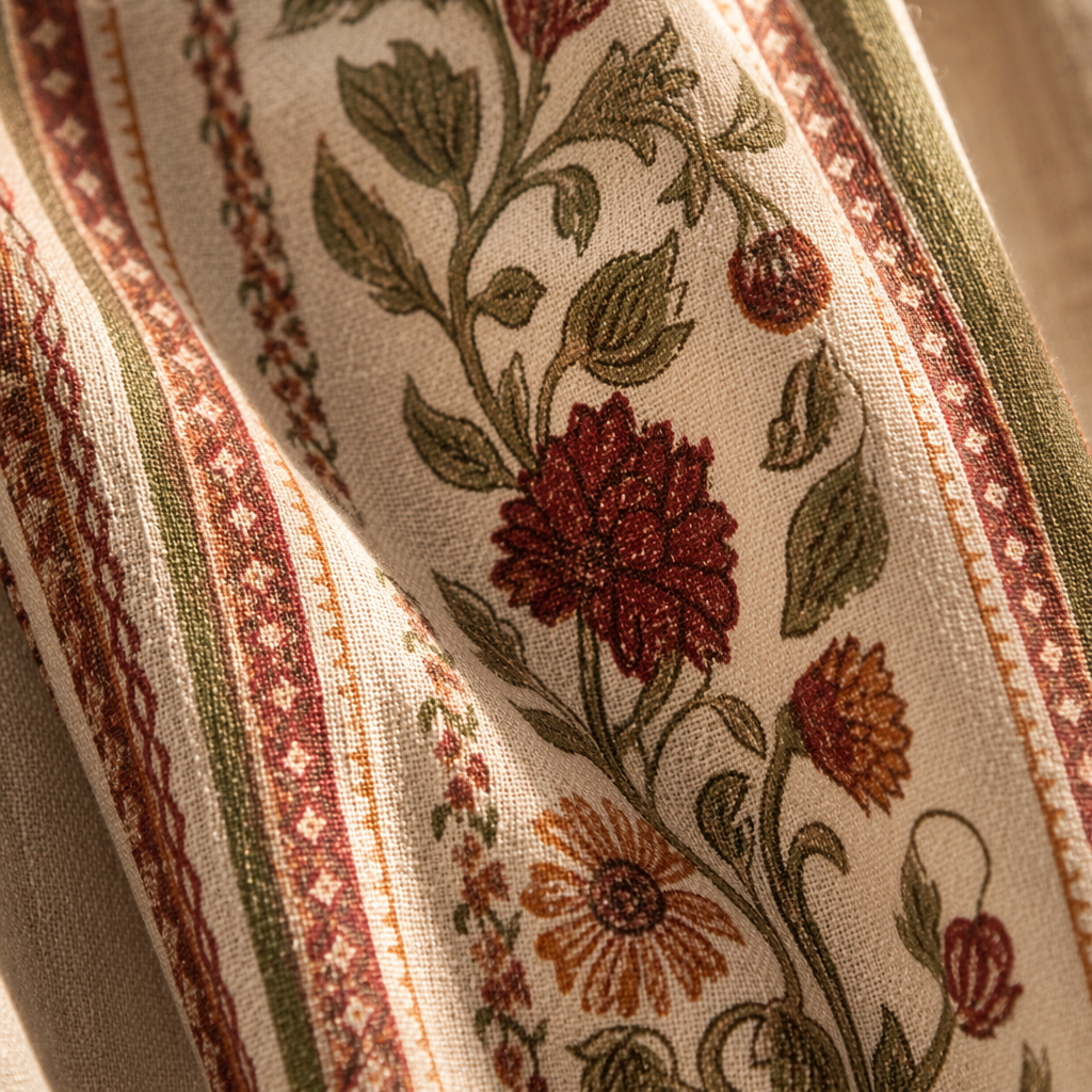 Floral Border Block-Print Sheer Door Curtain, The Draped Window. Handmade in India by House of Taraasha.
