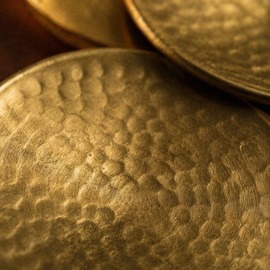 Moradabad Matt Hammered Brass Coasters, The Brass Atelier. Handmade in India by House of Taraasha.