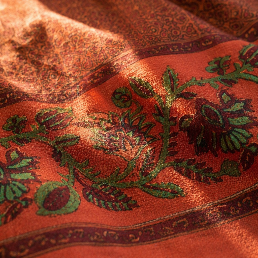 Chintz Revival Green and Brick Red Bed Cover, The Linen Room. Handmade in India by House of Taraasha.
