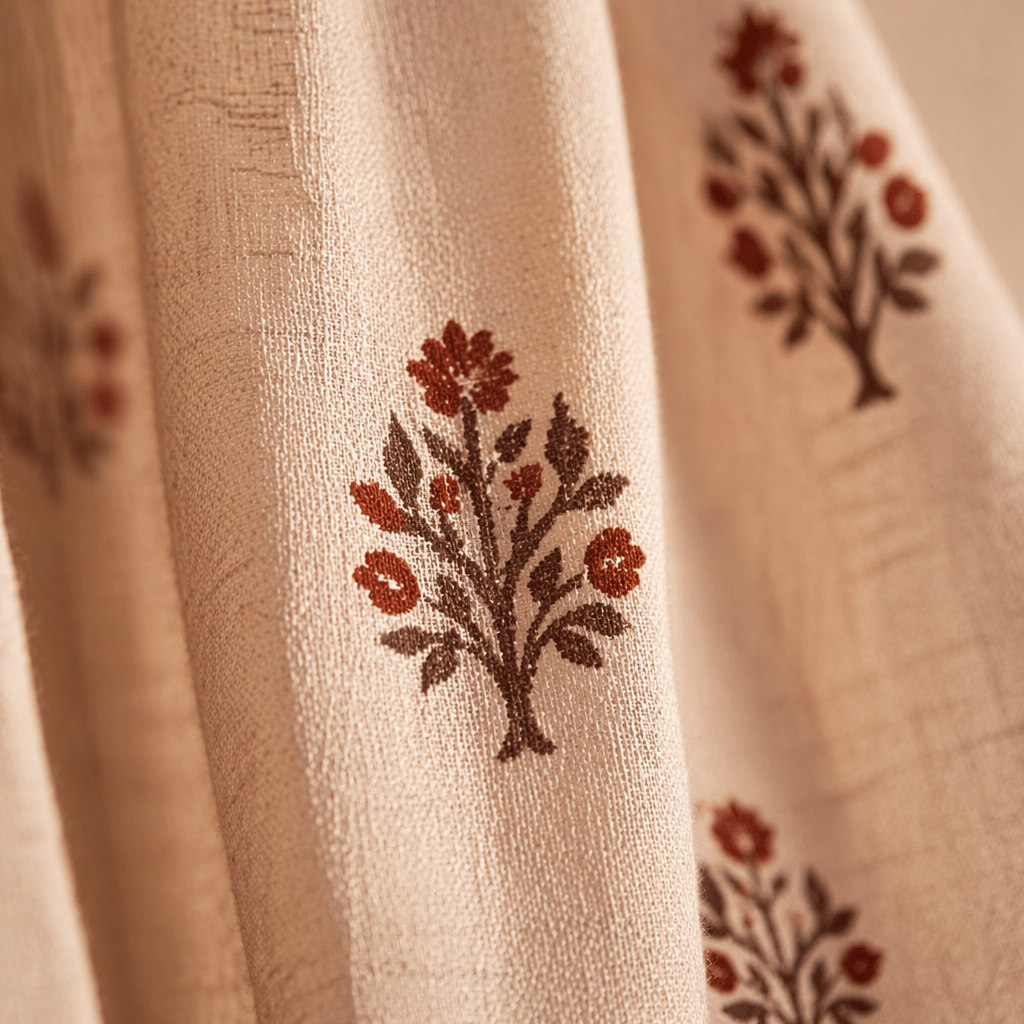 Royal Courtyards Rust & Maroon Woven-Sheer Curtain Set of Four, The Draped Window. Handmade in India by House of Taraasha.