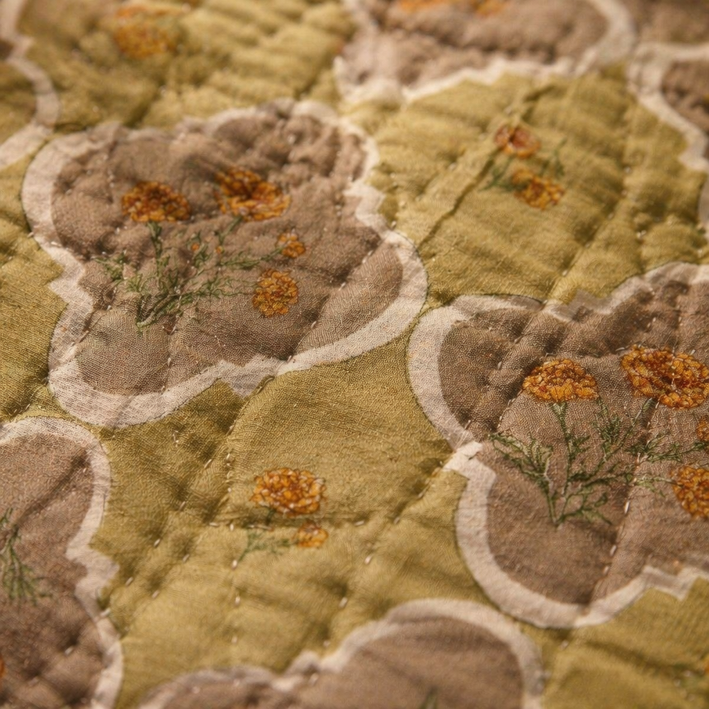 Sage Green Marigold Mulmul Quilt, The Linen Room. Handmade in India by House of Taraasha.