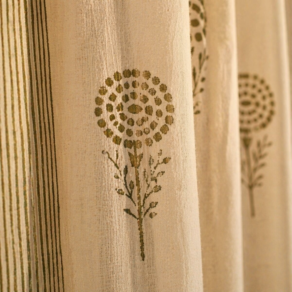 Marigold Sheer Hand Block-Printed Teal and Green Mulmul Curtain, The Draped Window. Handmade in India by House of Taraasha.