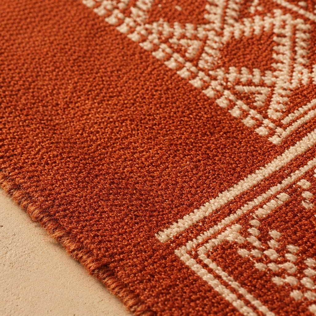 Mandana Rust Hand-Printed Tribal Pattern Cotton Rug, The Woven Floor. Handmade in India by House of Taraasha.