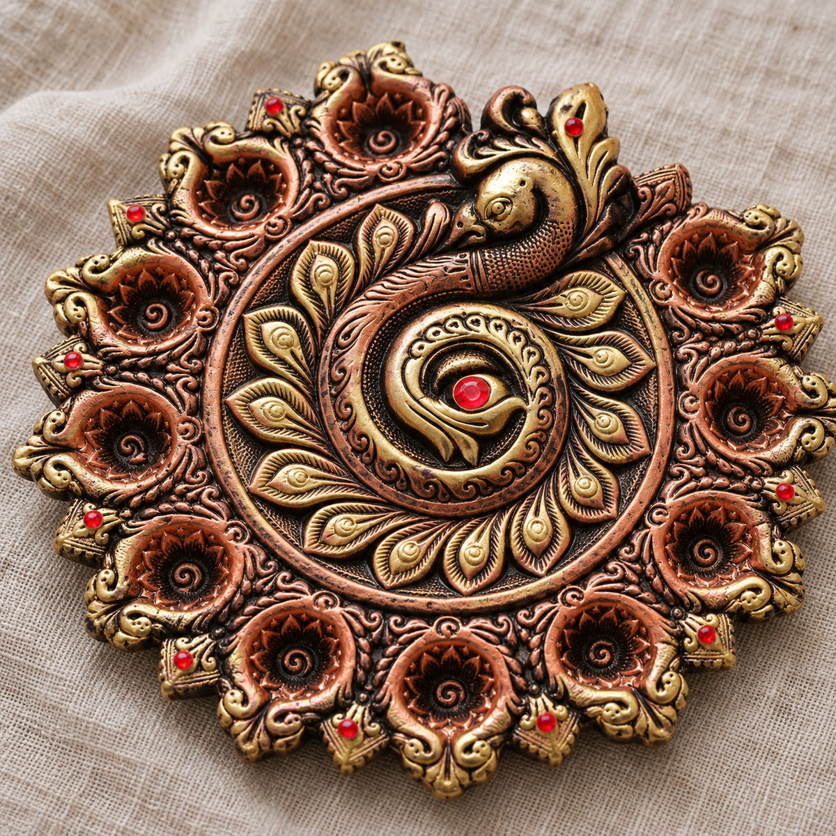 Mayurdeep: Peacock Terracotta Diya Plate, 11 or 9 Diyas