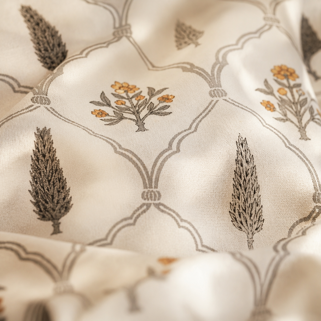 Cypress Yellow Hand-Printed Floral Bedsheet, The Linen Room. Handmade in India by House of Taraasha.