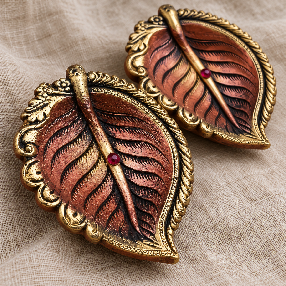 Ashwattha: Large Peepal Leaf Terracotta Diyas, 6 in, Set of 2