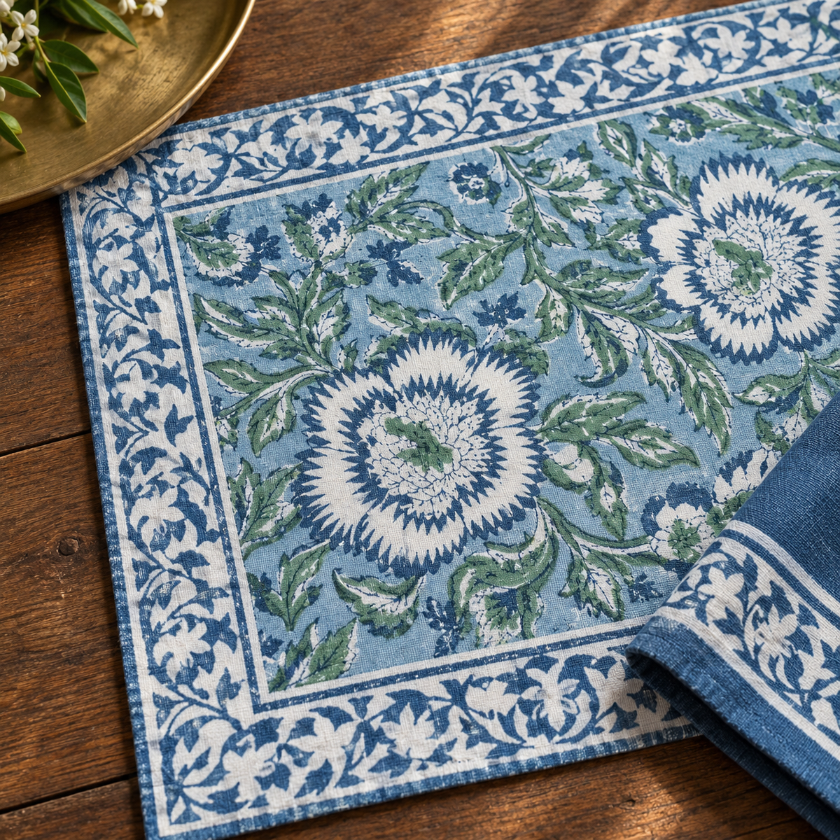 Light Blue Floral Placemat and Napkin Set of 12, close-up of the print and border