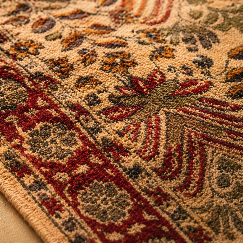 Kalamkari Floral Handwoven Block-Printed Cotton Rug, The Woven Floor. Handmade in India by House of Taraasha.
