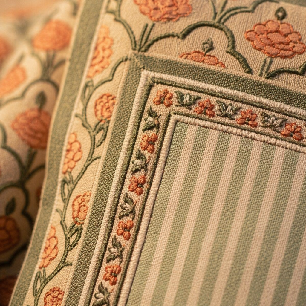 Jaali and Floral Green and Dusty Pink Cushion Cover Set of 5, The Living Room. Handmade in India by House of Taraasha.