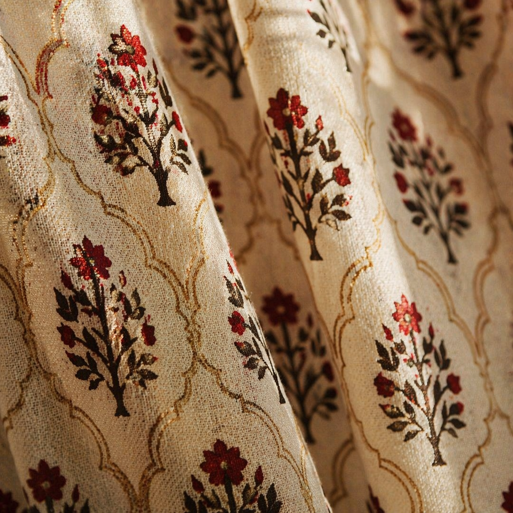 Royal Courtyards Rust & Maroon Printed-Sheer Set of Four, The Draped Window. Handmade in India by House of Taraasha.