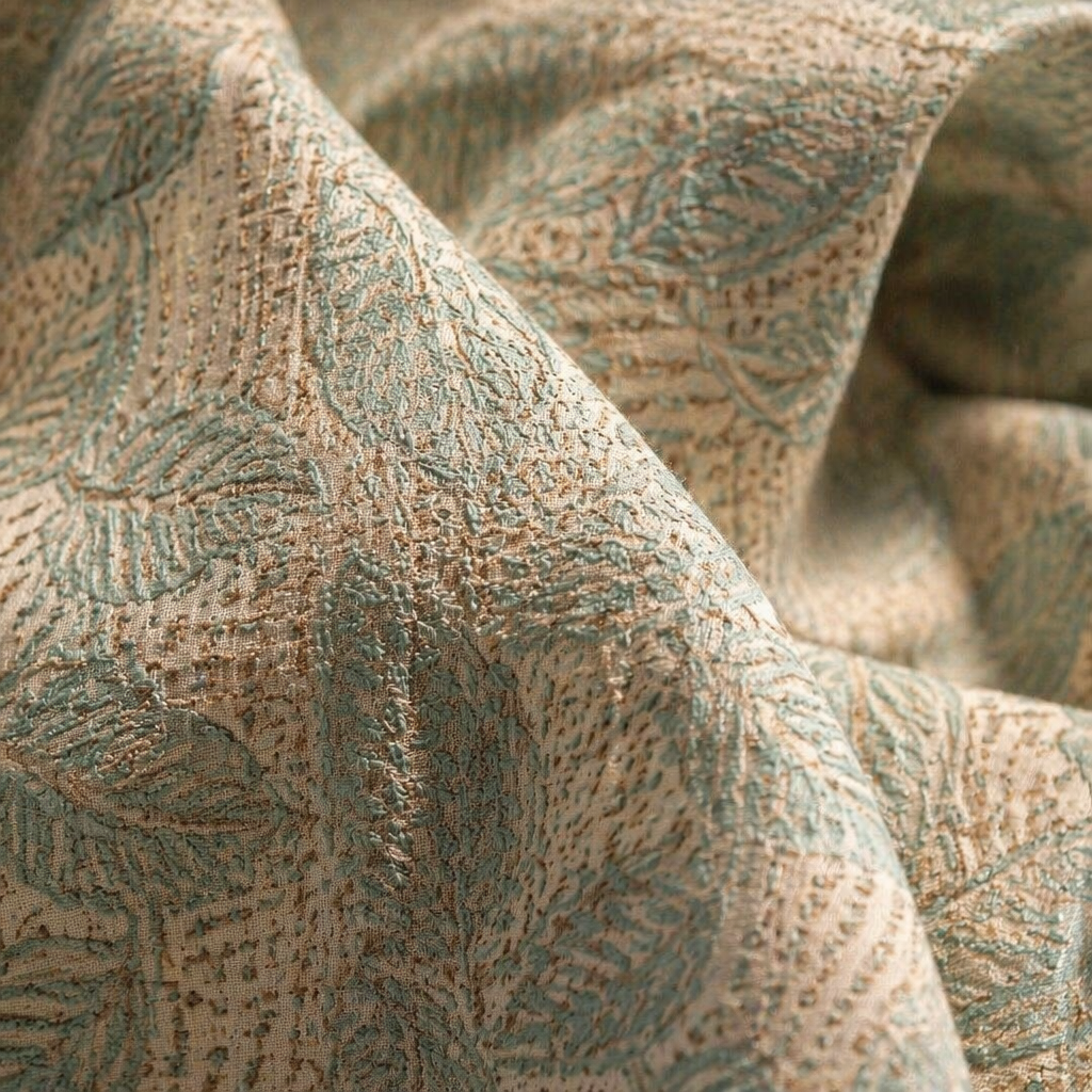Karhuwa Summer Leaves Cutwork Sky Blue Sheer Curtain, The Draped Window. Handmade in India by House of Taraasha.