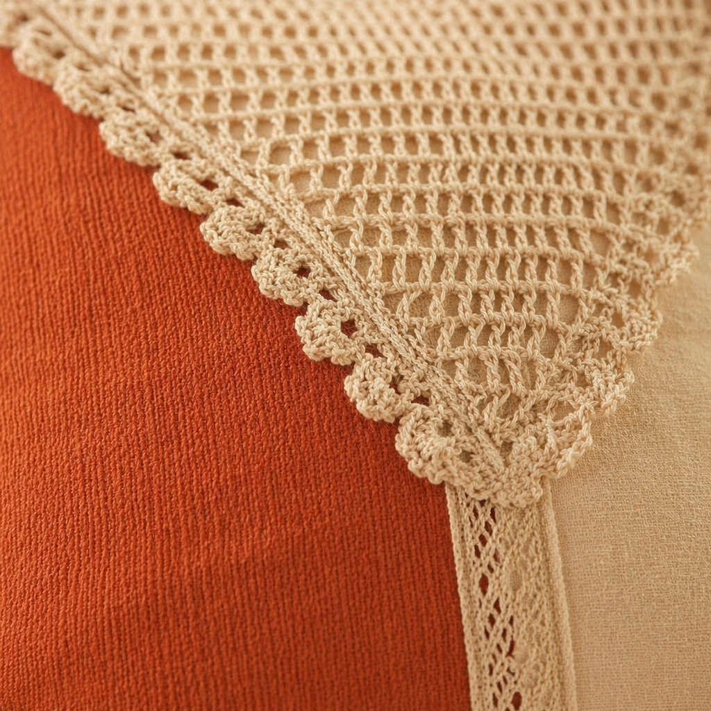 Crochet-Flap Rust and Off-White Cotton Cushion Cover, The Living Room. Handmade in India by House of Taraasha.