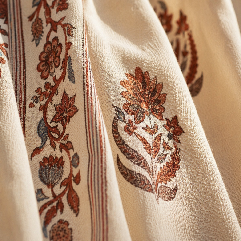 Mulmul Chintz Sheer Off-White, Brick Red and Navy, The Draped Window. Handmade in India by House of Taraasha.