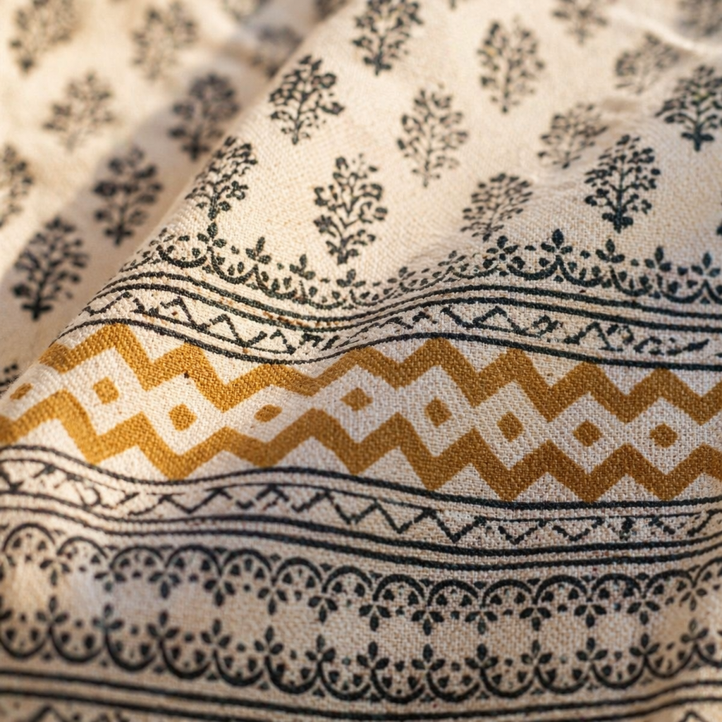 Mustard & Black Bagru Floral Bedsheet, The Linen Room. Handmade in India by House of Taraasha.