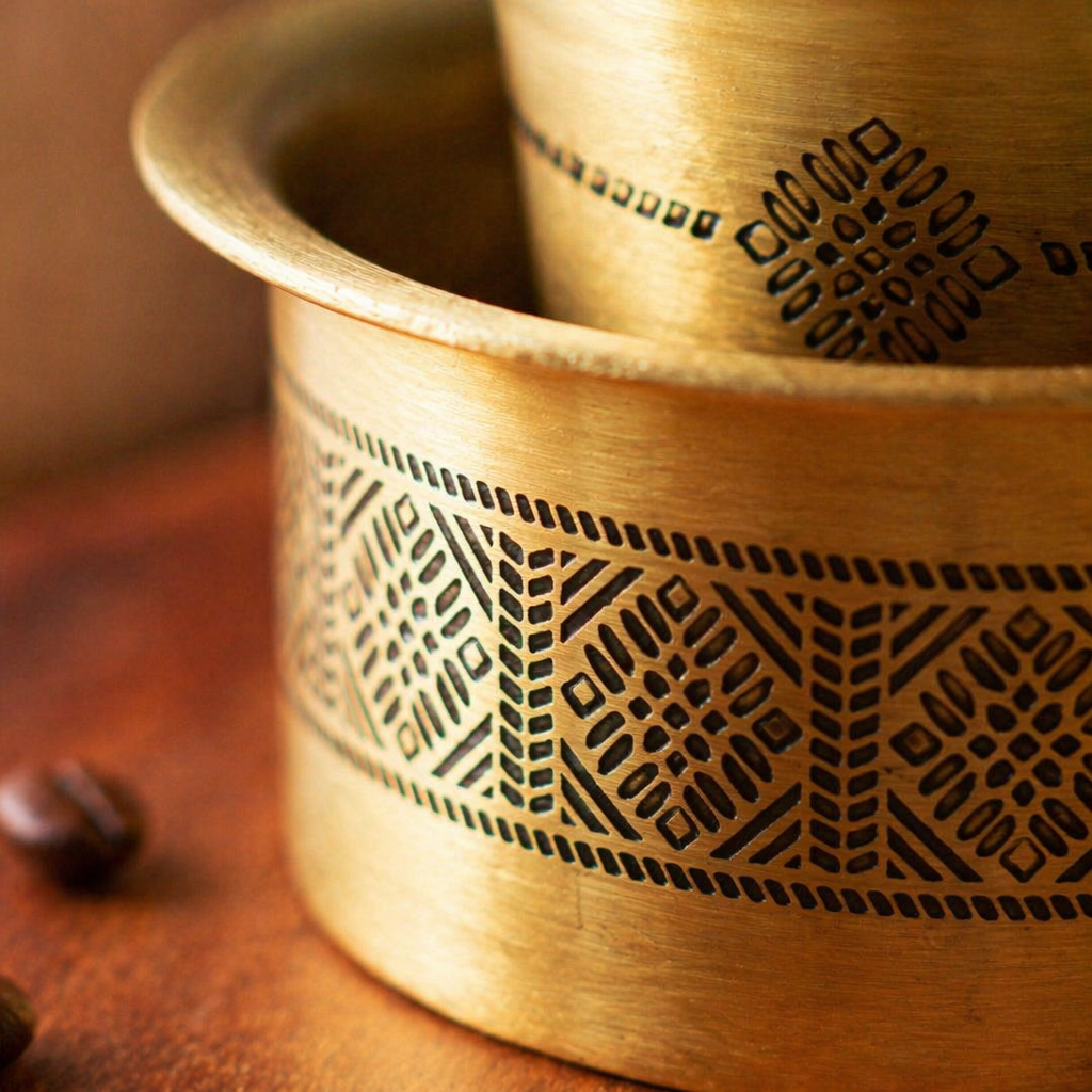 Kanjeevaram Etched Pure Brass Coffee Dabara Set, The Brass Atelier. Handmade in India by House of Taraasha.