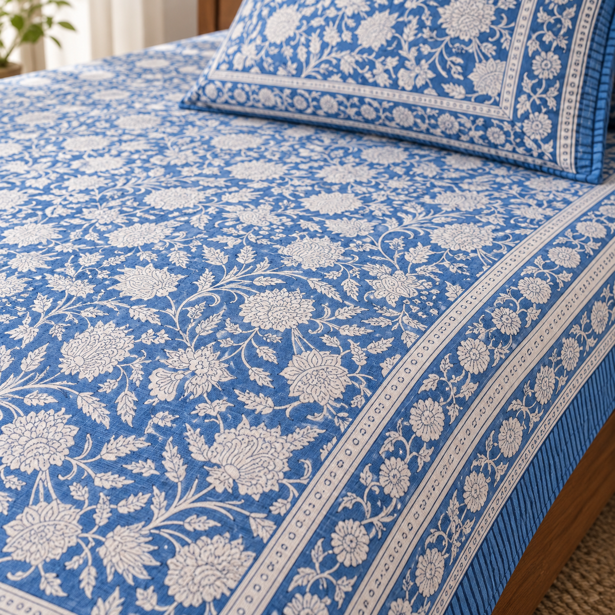 Blue Floral Jaal Bedsheet Set, close-up of the print, border and pillow cover