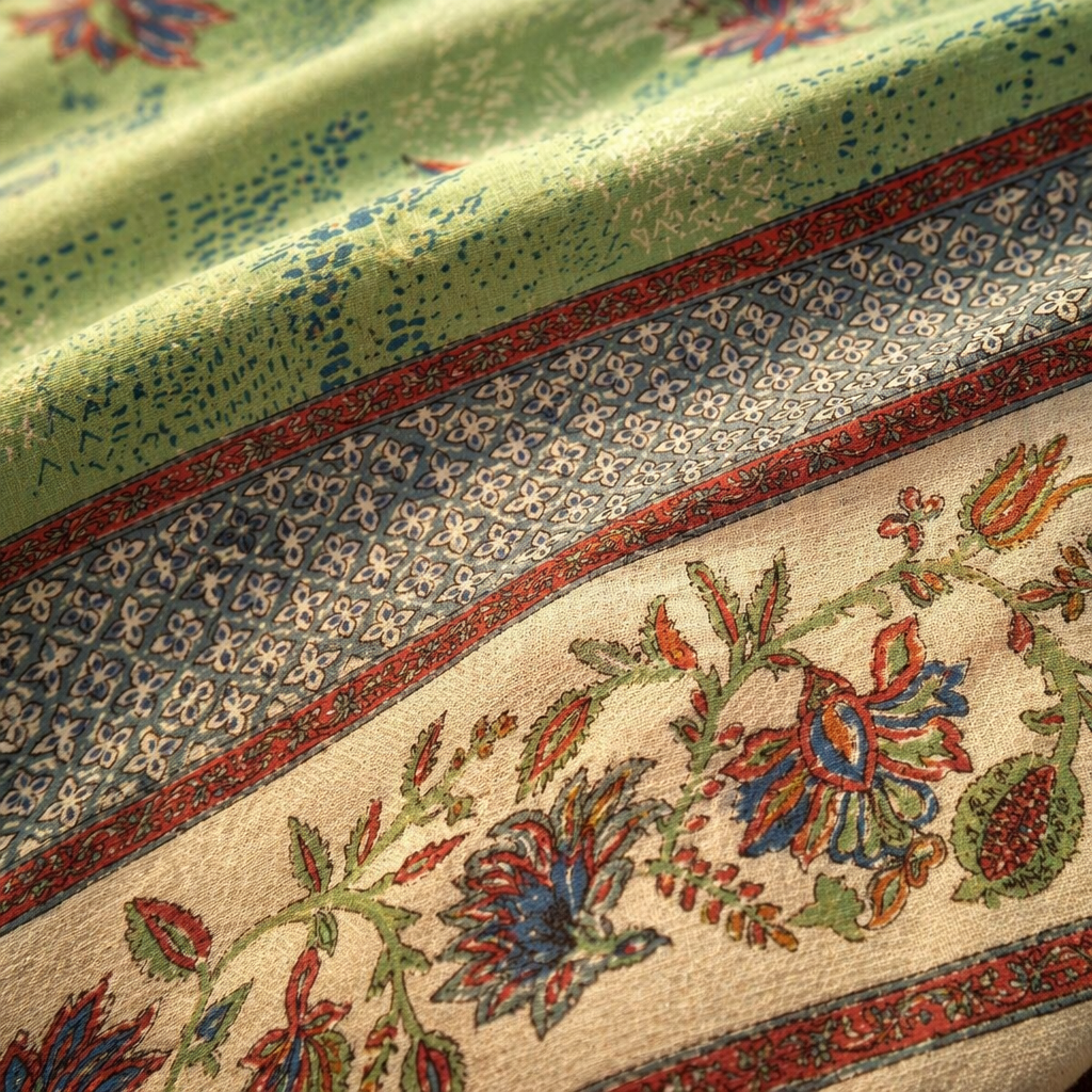 Chintz Aqua, Navy and Peach Bed Cover, The Linen Room. Handmade in India by House of Taraasha.
