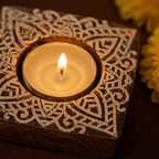 Carved Diya Hand-Engraved Wooden Tea Lights, Still Light. Handmade in India by House of Taraasha.