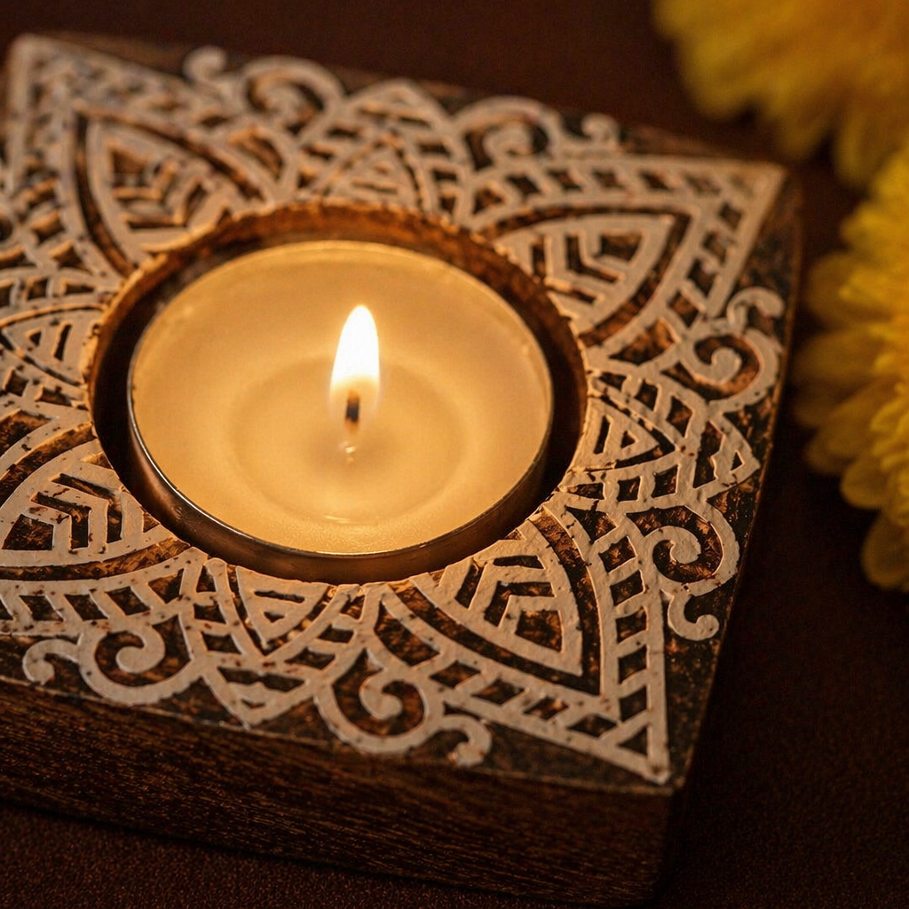 Carved Diya Hand-Engraved Wooden Tea Lights, Still Light. Handmade in India by House of Taraasha.