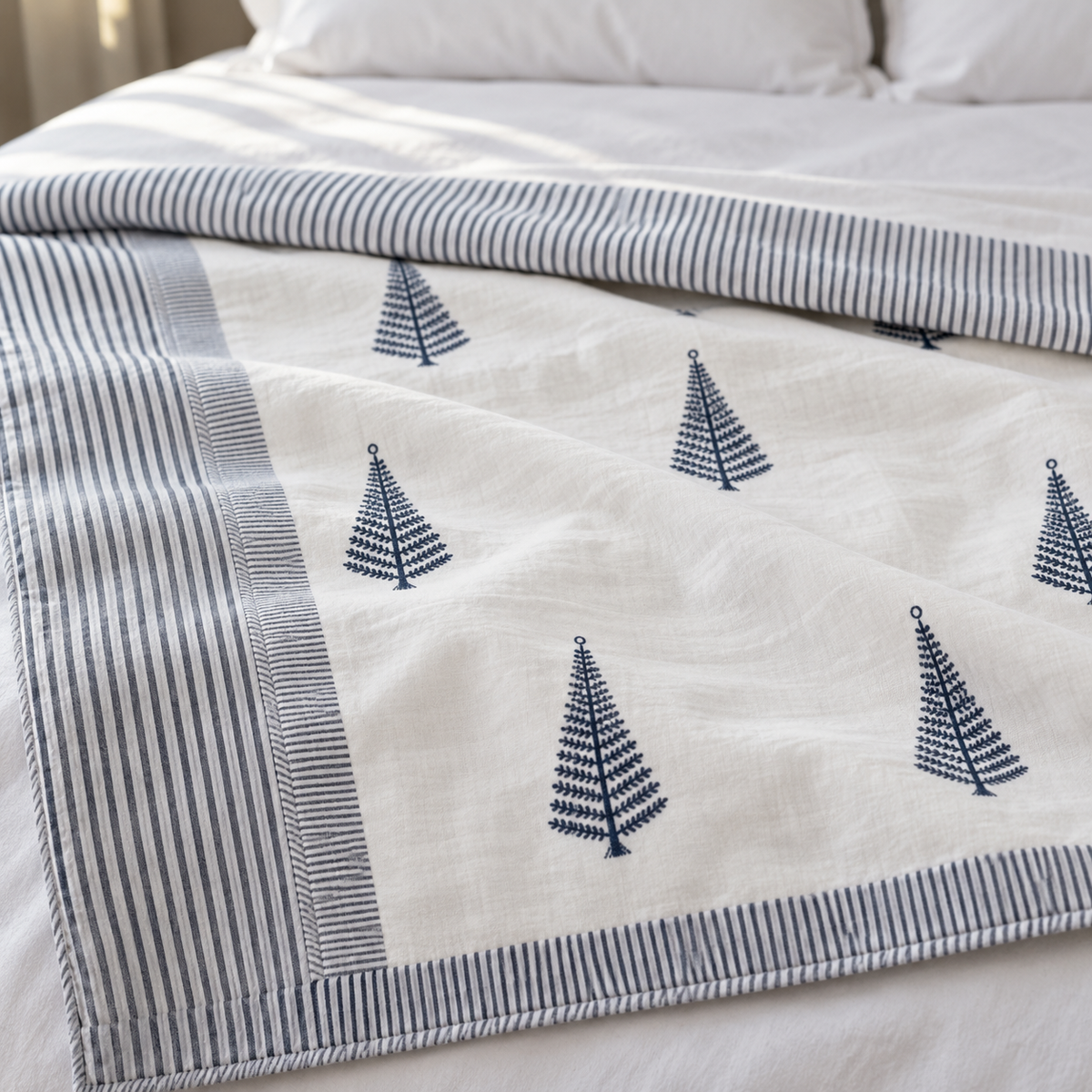 Navy Tree Motif Dohar, close-up of the print, border and reverse