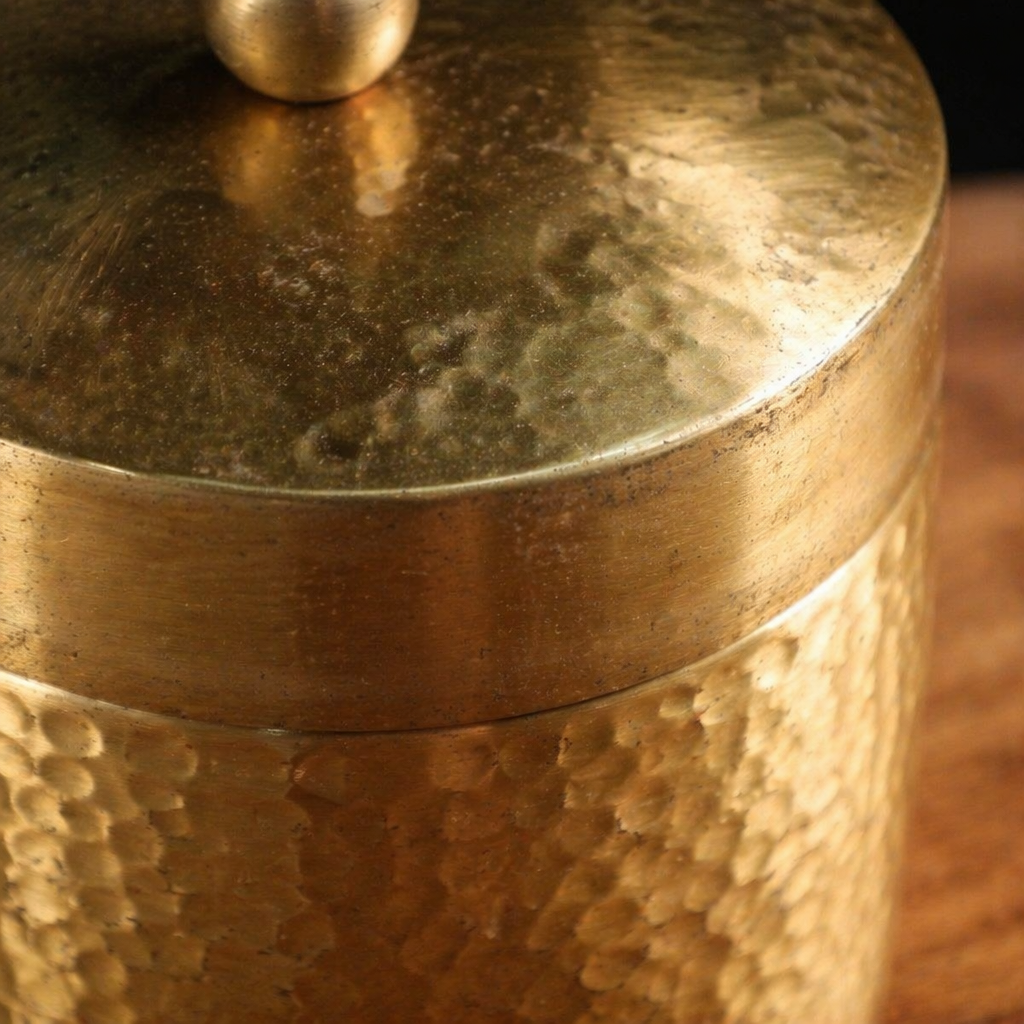 Moradabad Hammered Pure Brass Dabba, Small, The Brass Atelier. Handmade in India by House of Taraasha.