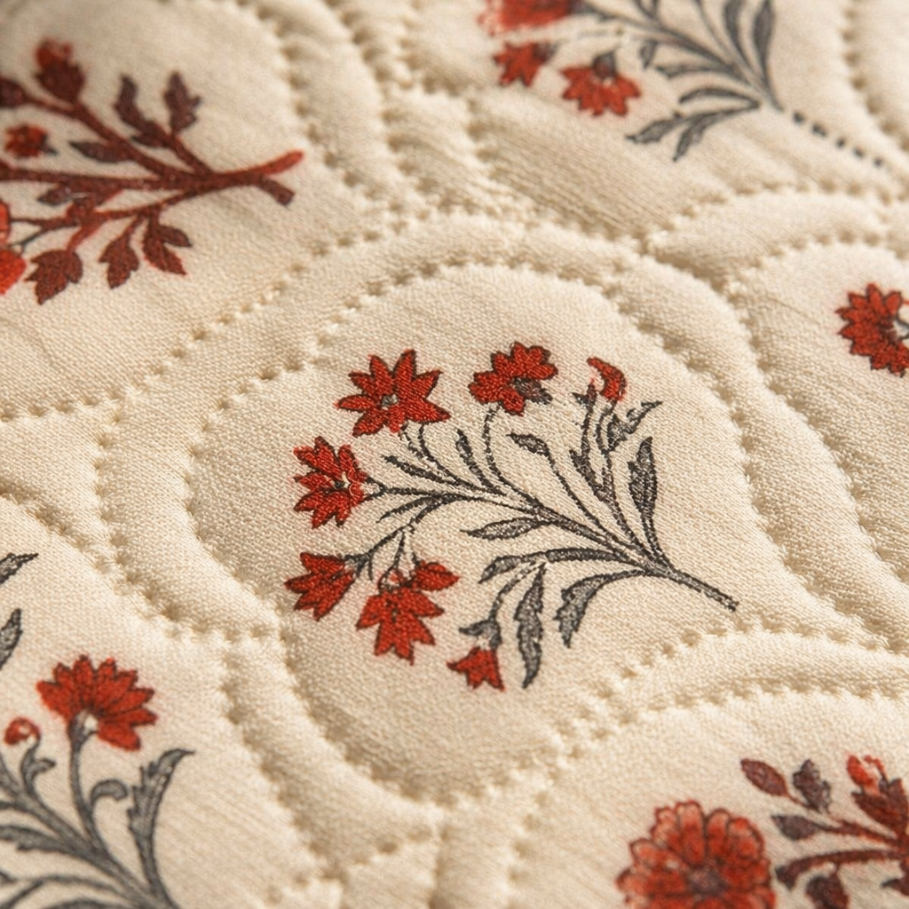 Ornate Florals Rust and Maroon Reversible Quilt, The Linen Room. Handmade in India by House of Taraasha.