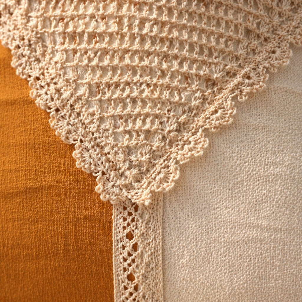 Crochet-Flap Mustard and Off-White Square Cushion Cover, The Living Room. Handmade in India by House of Taraasha.