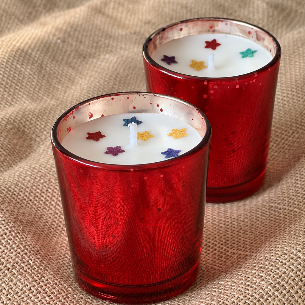 Red Glass Rose-Scented Soy Wax Candles, Set of 2, close-up of the wax top