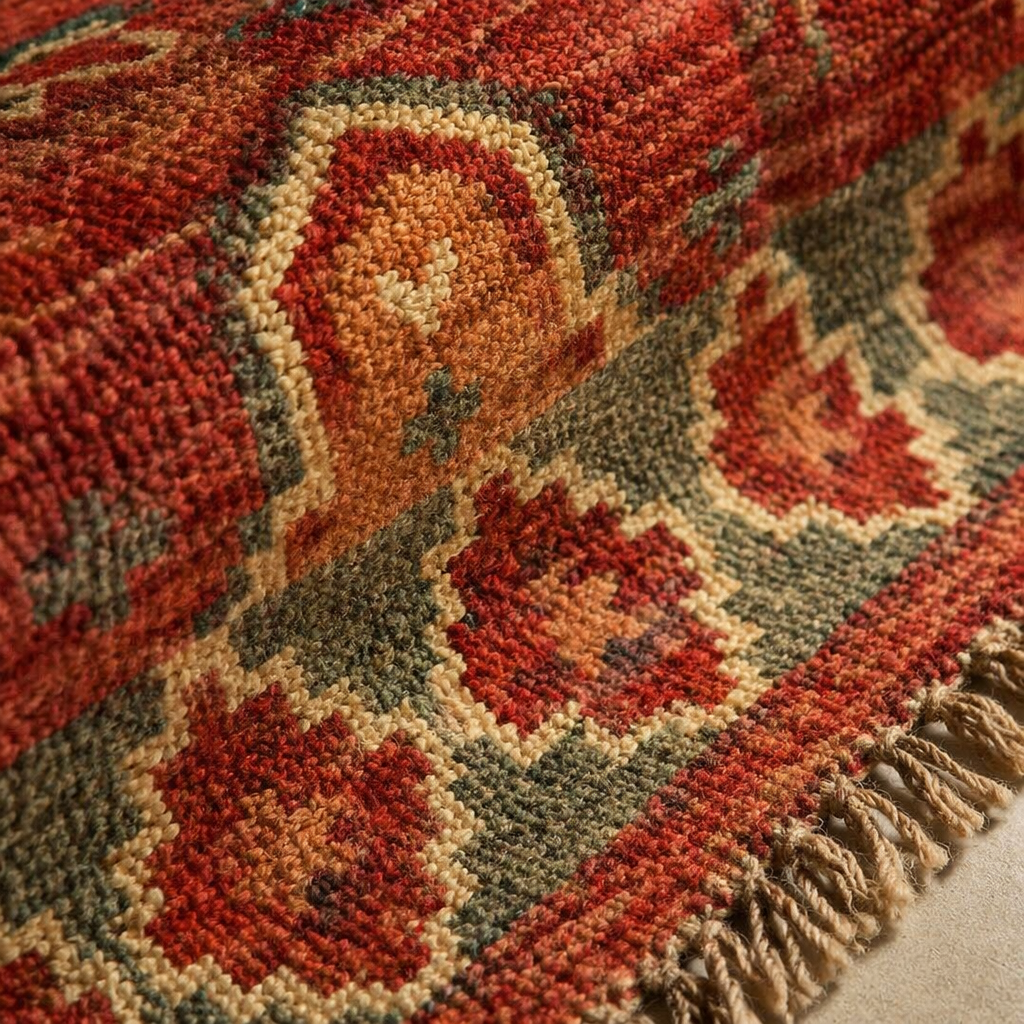 Geometric Rust Punja-Woven Jute and Wool Rug, The Woven Floor. Handmade in India by House of Taraasha.