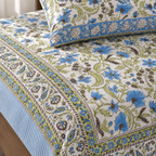 Green and Blue Floral Bedsheet Set, close-up of the print, border and pillow cover