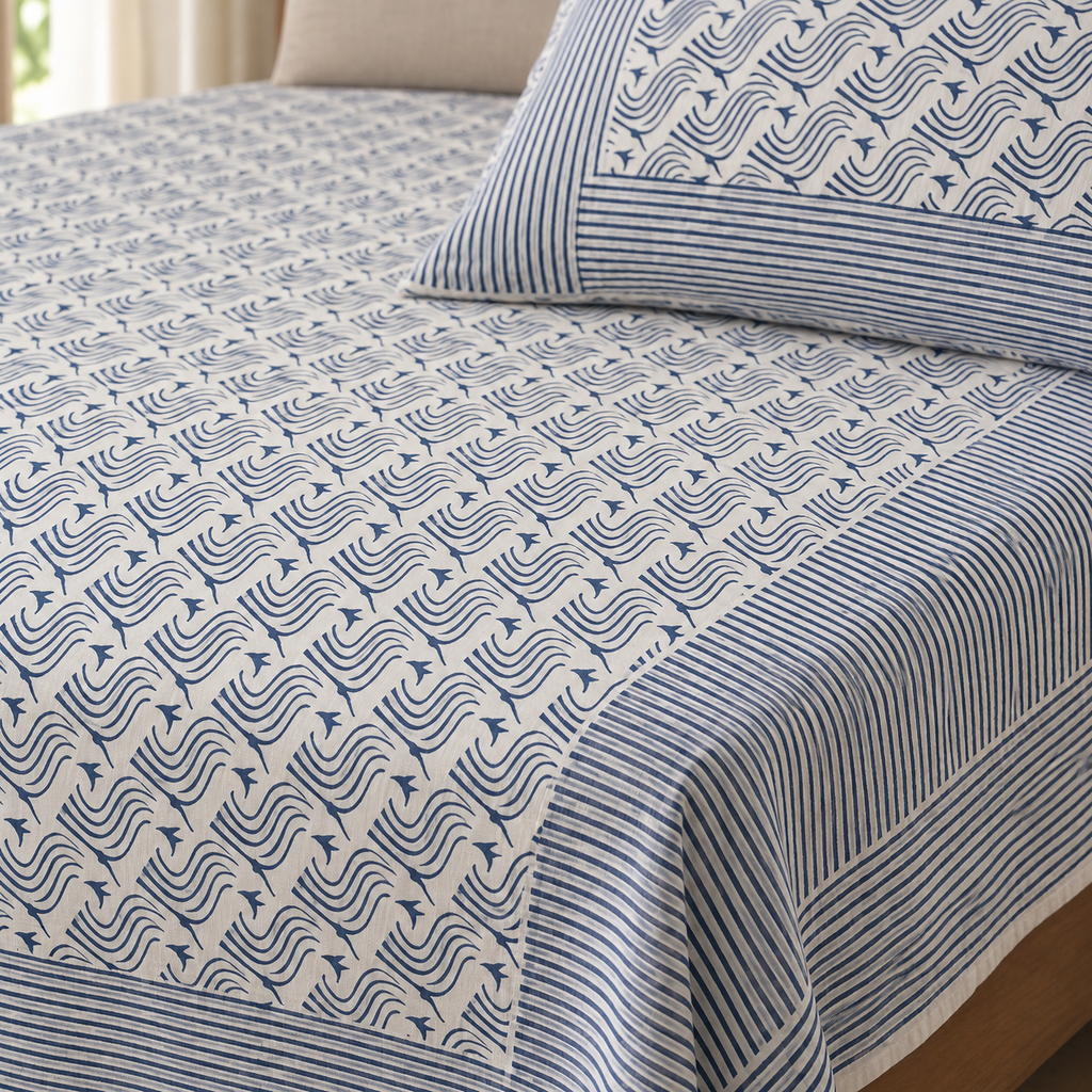 Blue Wave Print Bedsheet Set, close-up of the print, border and pillow cover