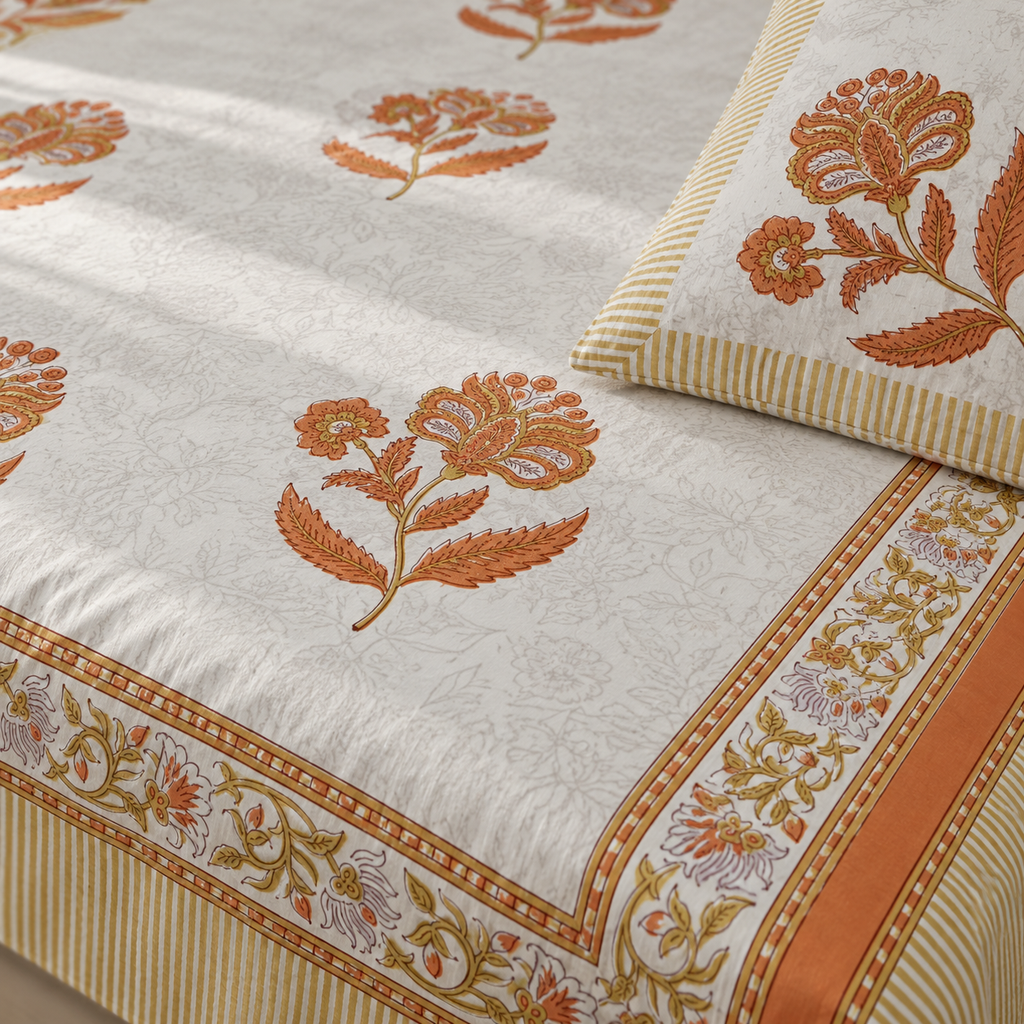 Orange Floral Buta Bedsheet Set, close-up of the print, border and pillow cover