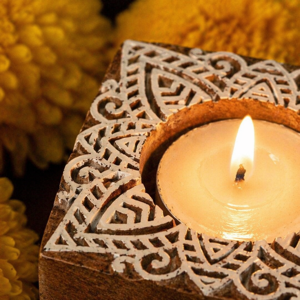 Carved Diya Hand-Engraved Wooden Tea Light Holders, Still Light. Handmade in India by House of Taraasha.