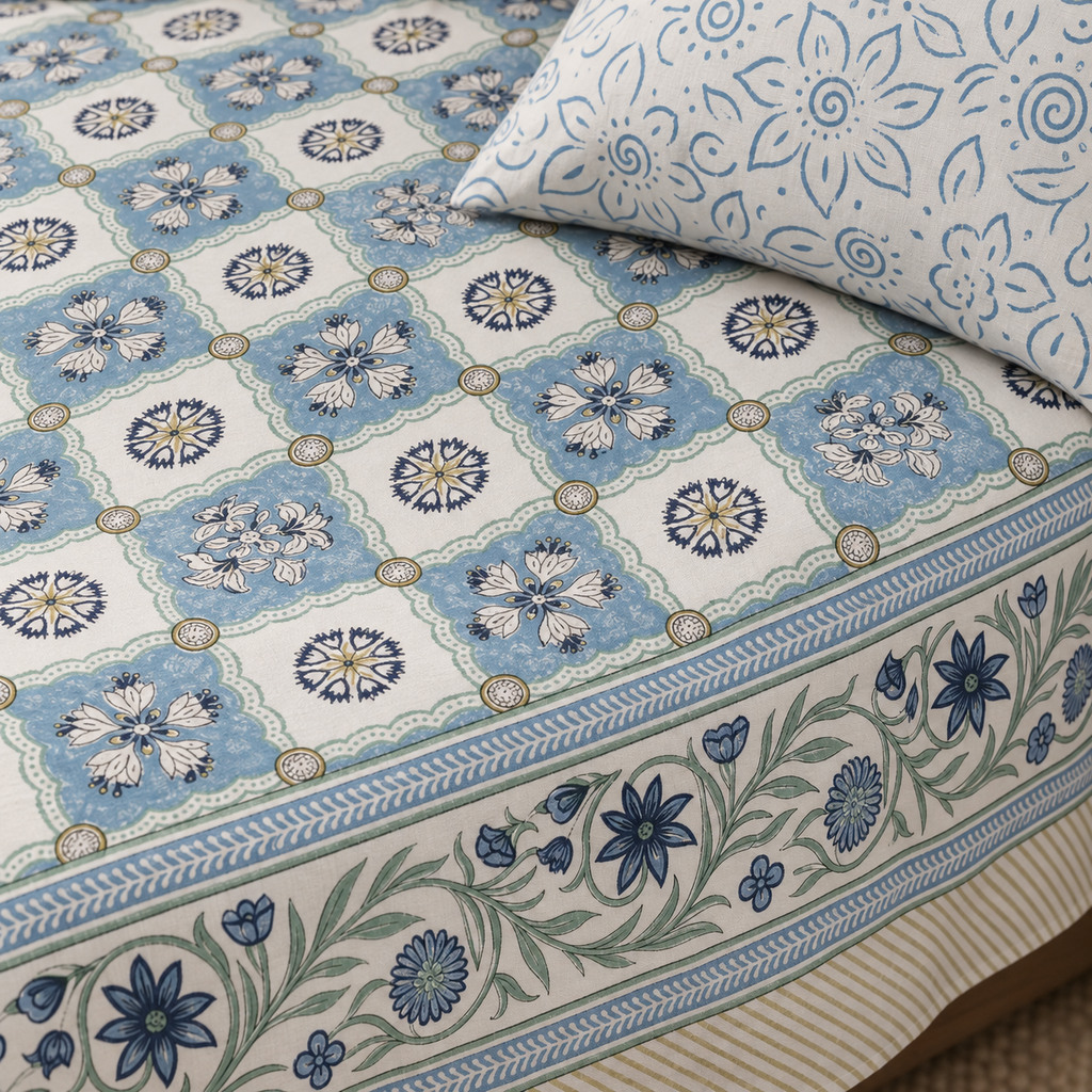 Blue Lattice Bedsheet Set, close-up of the print, border and pillow cover