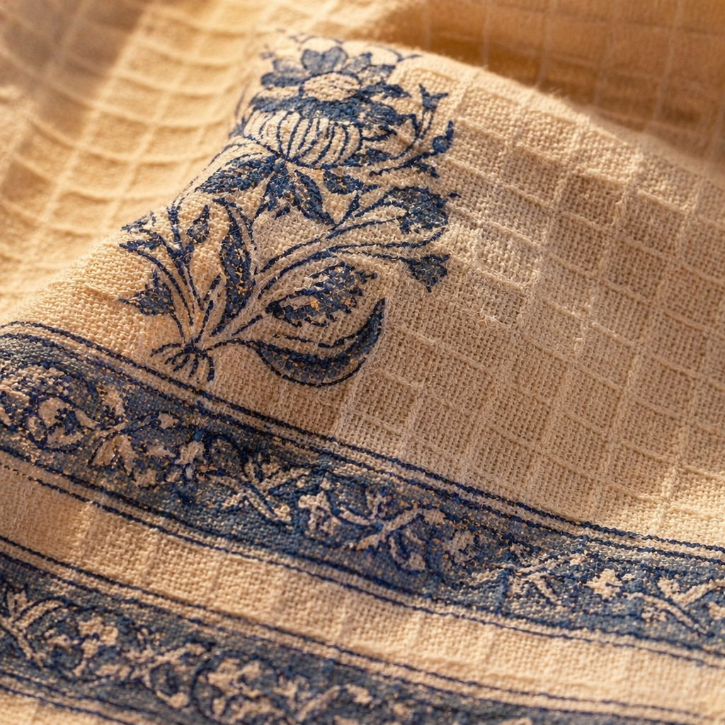 Off White and Blue Hand Block-Printed Towel Set, The Linen Room. Handmade in India by House of Taraasha.