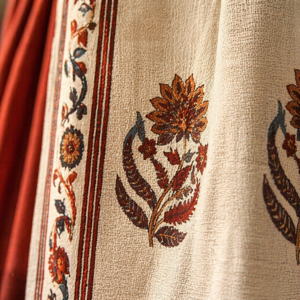 Chintz Assorted Set Off-White, Brick Red and Navy Cotton Curtains, The Draped Window. Handmade in India by House of Taraasha.