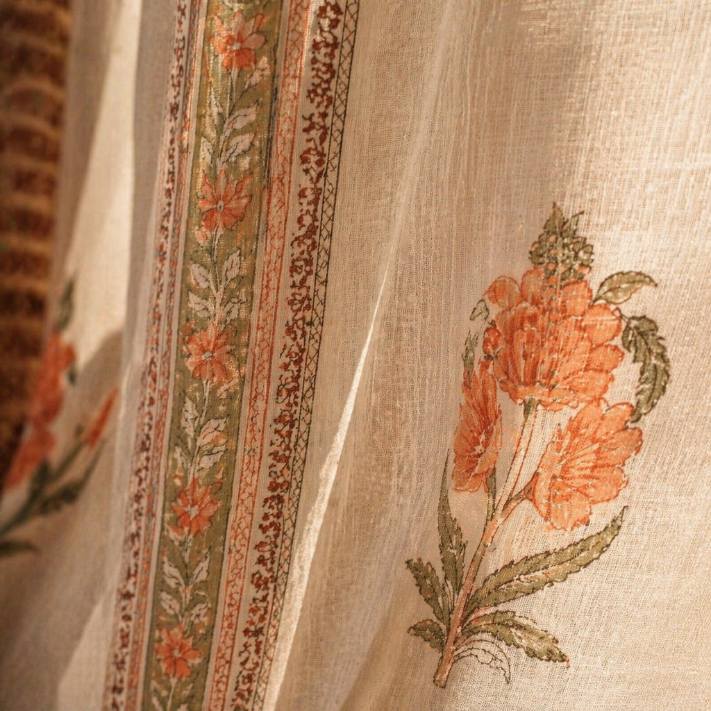 Mulmul Sheer Hand-Printed Green and Dusty Pink Curtain, The Draped Window. Handmade in India by House of Taraasha.