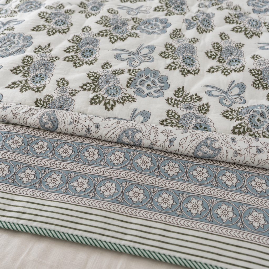 Grey Blue Floral Butterfly Dohar, close-up of the print, border and reverse