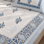 Blue Floral Buta Bedsheet Set, close-up of the print, border and pillow cover