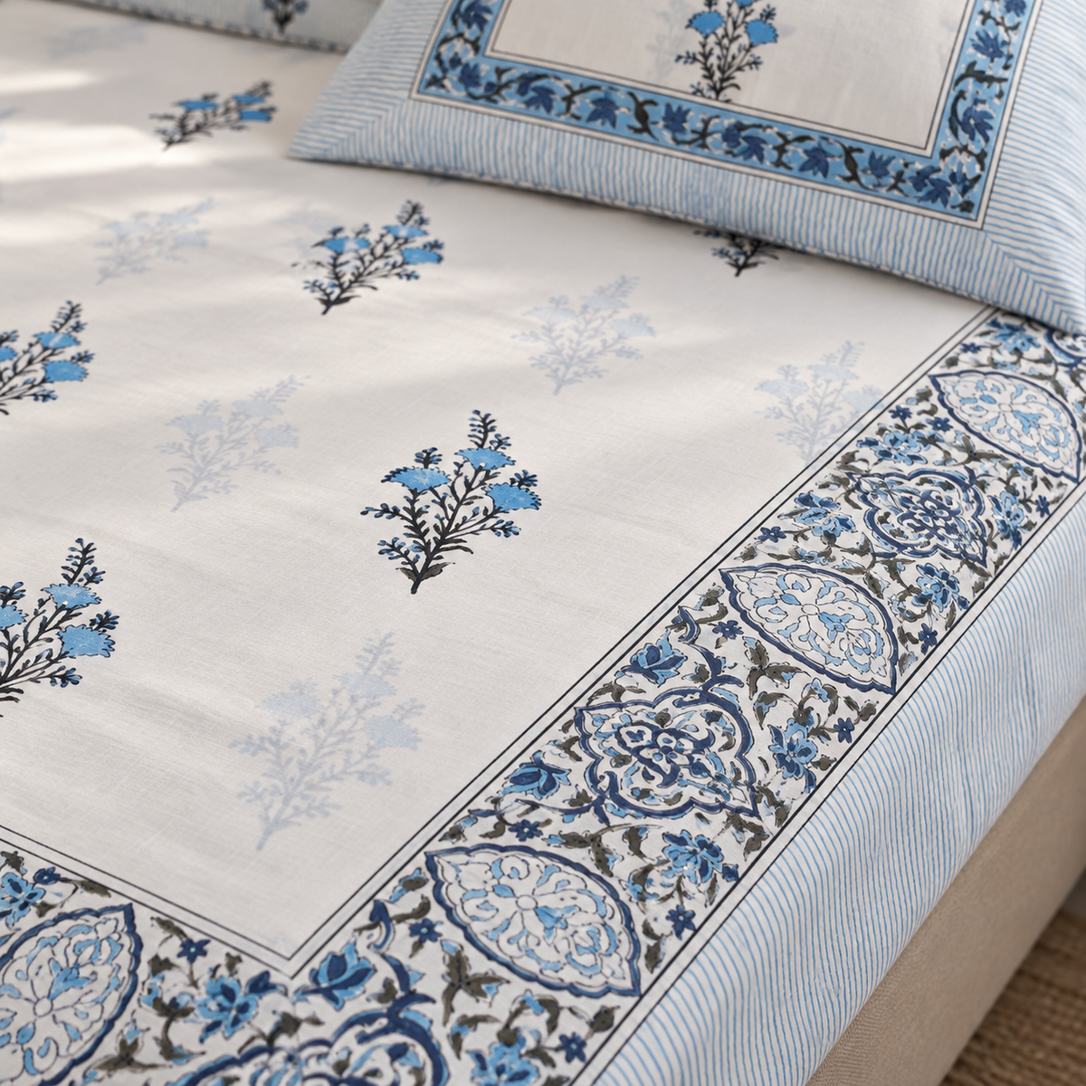 Blue Floral Buta Bedsheet Set, close-up of the print, border and pillow cover