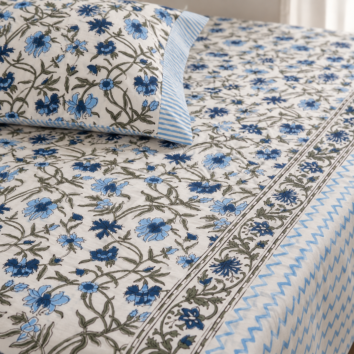 Blue Zigzag Floral Bedsheet Set, close-up of the print, border and pillow cover