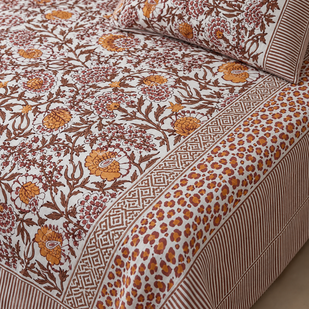 Rust Floral Bedsheet Set, close-up of the print, border and pillow cover
