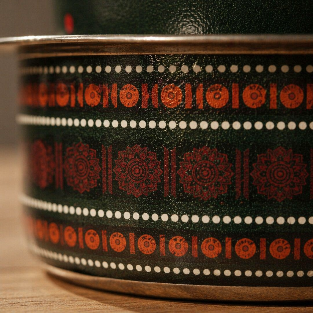 Kanjeevaram Enamel Steel Coffee Dabara Set, The Brass Atelier. Handmade in India by House of Taraasha.
