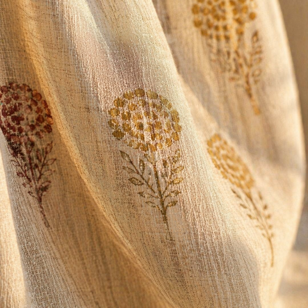 Sheer Rust, Mustard and Taupe Mulmul Curtain, The Draped Window. Handmade in India by House of Taraasha.
