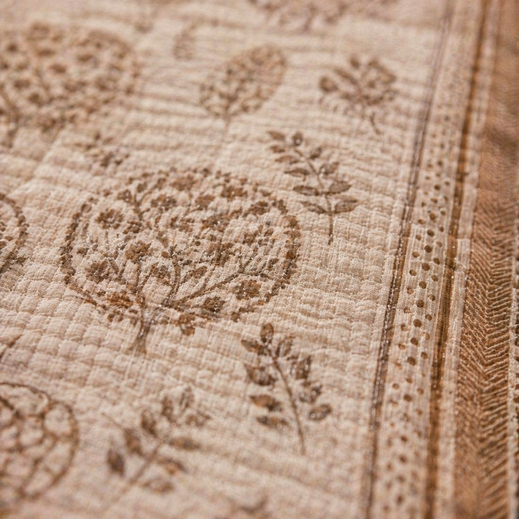 Marigold Taupe and Off-White Block-Printed Bedsheet, The Linen Room. Handmade in India by House of Taraasha.