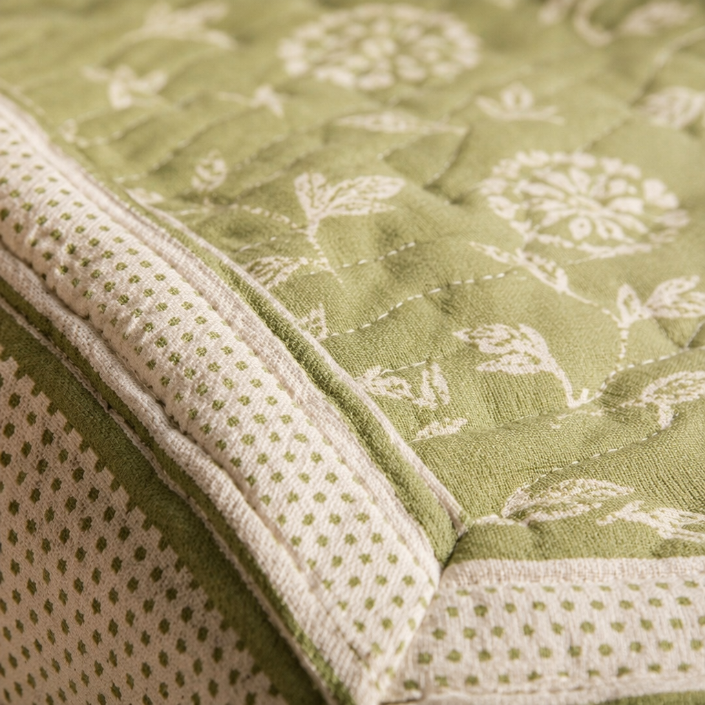 Marigold Fern Green and Off-White Bedsheet, The Linen Room. Handmade in India by House of Taraasha.